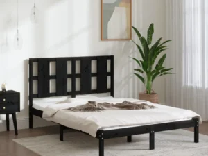 Cadru de pat dublu, negru, 135x190 cm, lemn masiv