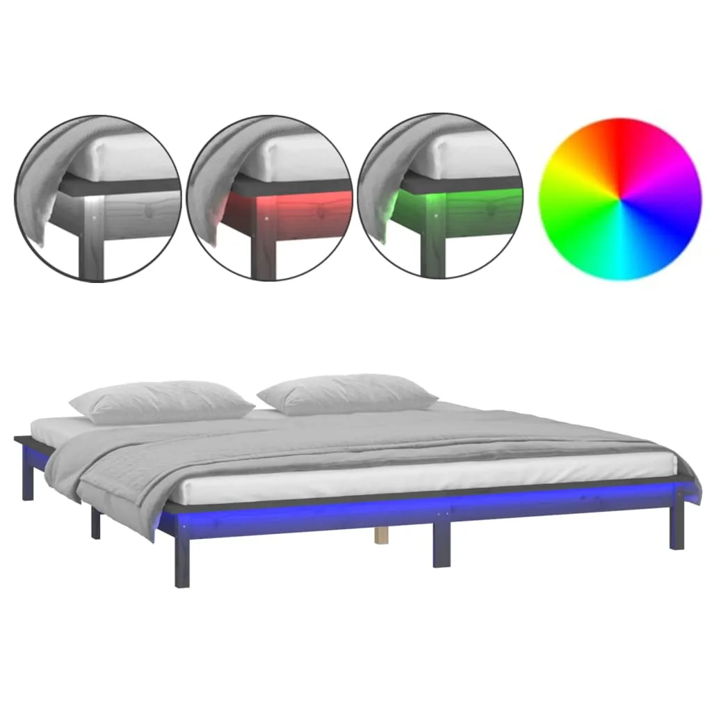 Cadru de pat cu LED mic dublu, gri, 120x190 cm, lemn masiv - imagine 2