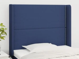 Tăblie de pat cu aripioare, albastru, 93x16x118/128 cm, textil