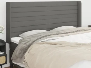 Tăblie de pat cu aripioare gri închis 163x16x118/128 cm textil