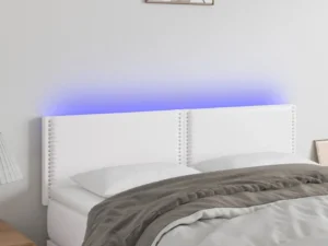 Tăblie de pat cu LED, alb, 144x5x78/88 cm, piele ecologică
