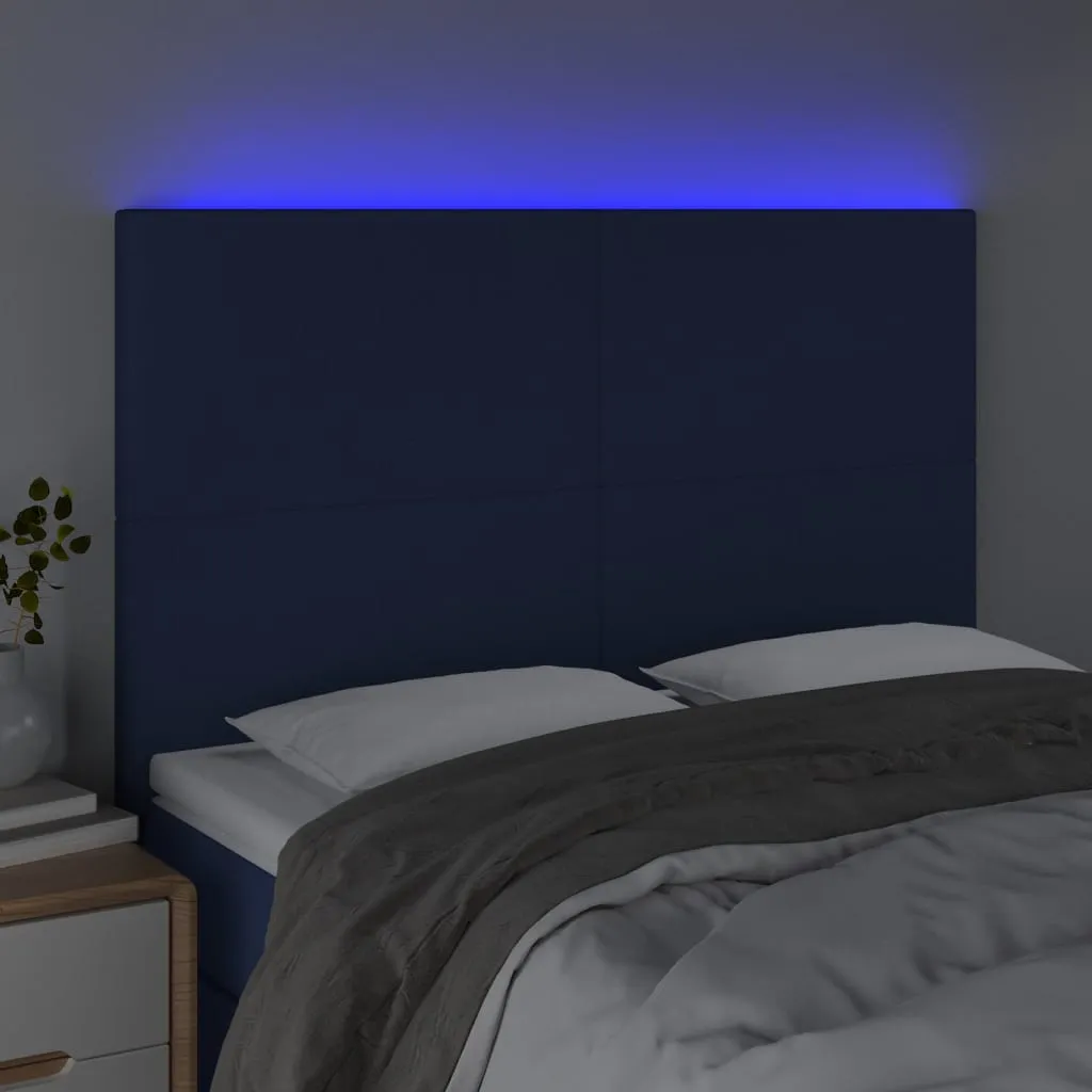 Tăblie de pat cu LED, albastru, 144x5x118/128 cm, textil - imagine 3
