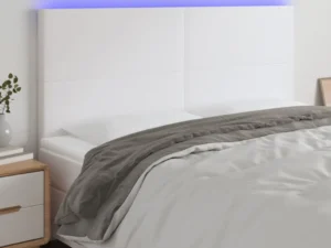 Tăblie de pat cu LED, alb, 200x5x118/128 cm, piele ecologică