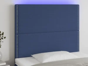 Tăblie de pat cu LED, albastru, 90x5x118/128 cm, textil