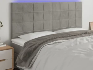 Tăblie de pat cu LED, gri deschis, 200x5x118/128 cm, catifea