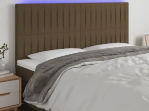Tăblie de pat cu LED, maro închis, 200x5x118/128 cm, textil