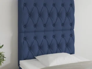 Tăblie de pat cu LED, albastru, 80x7x118/128 cm, textil