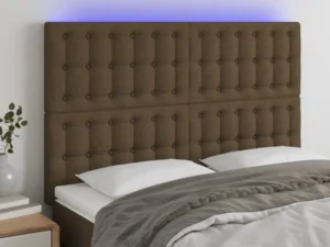 Tăblie de pat cu LED, maro închis, 144x5x118/128 cm, textil
