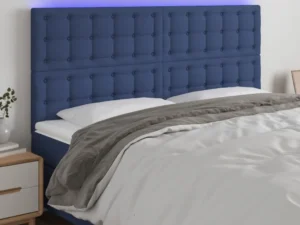 Tăblie de pat cu LED, albastru, 200x5x118/128 cm, textil