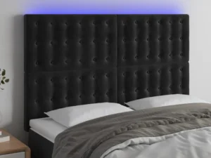 Tăblie de pat cu LED, negru, 144x5x118/128 cm, catifea