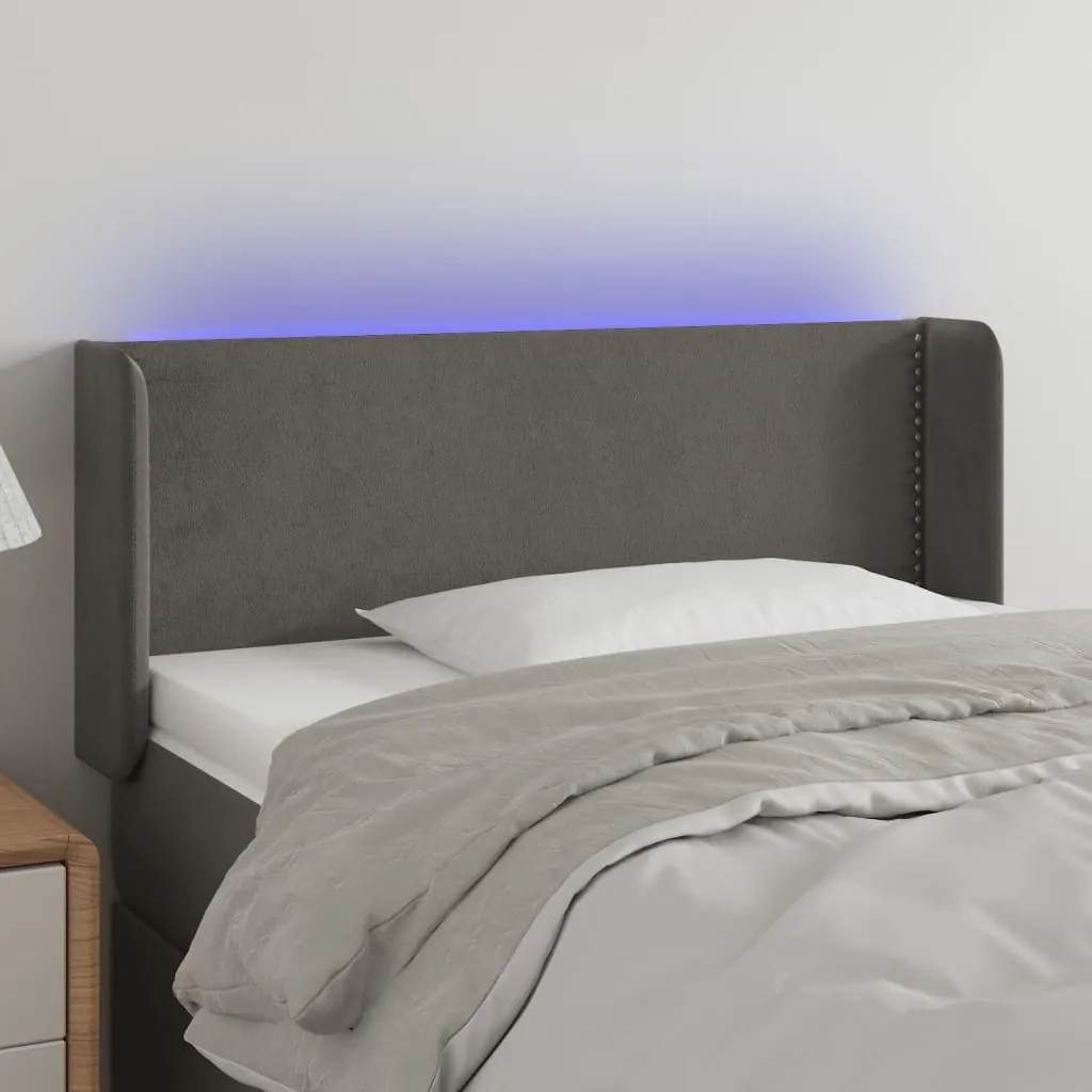 Tăblie de pat cu LED, gri închis, 103x16x78/88 cm, catifea