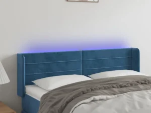 Tăblie de pat cu LED, albastru închis, 147x16x78/88 cm, catifea
