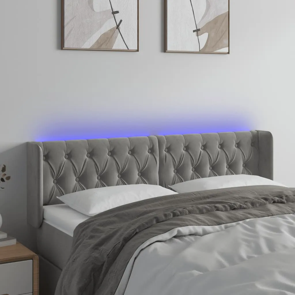 Tăblie de pat cu LED, gri deschis, 147x16x78/88 cm, catifea