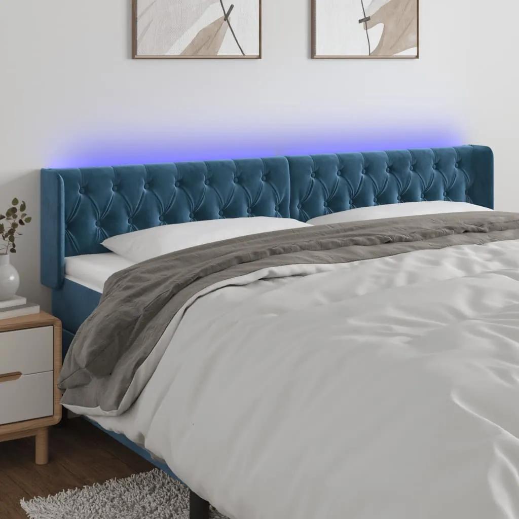 Tăblie de pat cu LED, albastru închis, 183x16x78/88 cm, catifea