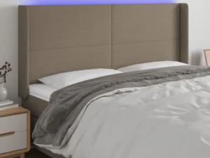 Tăblie de pat cu LED, gri taupe, 183x16x118/128 cm, textil