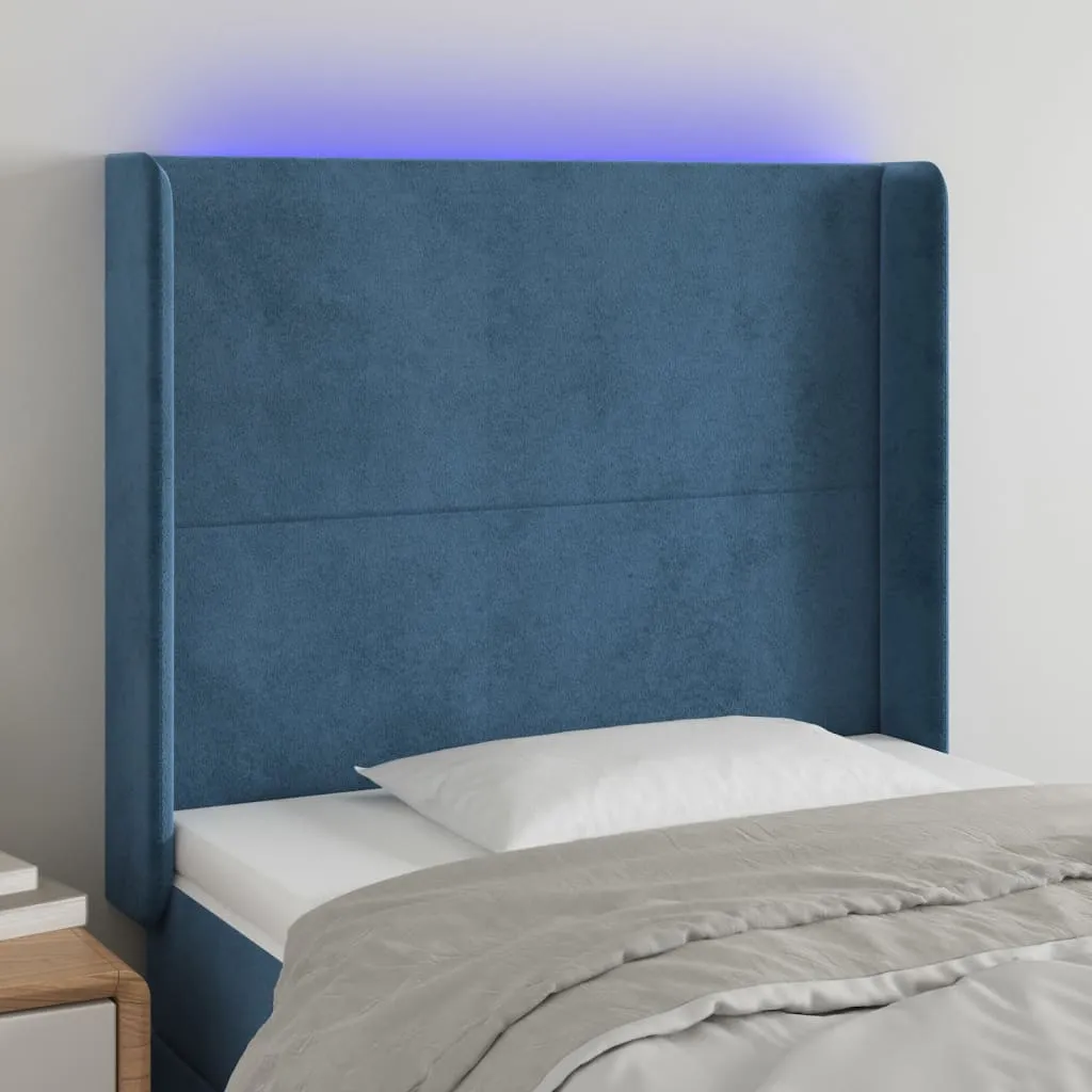 Tăblie de pat cu LED, albastru închis, 103x16x118/128cm catifea