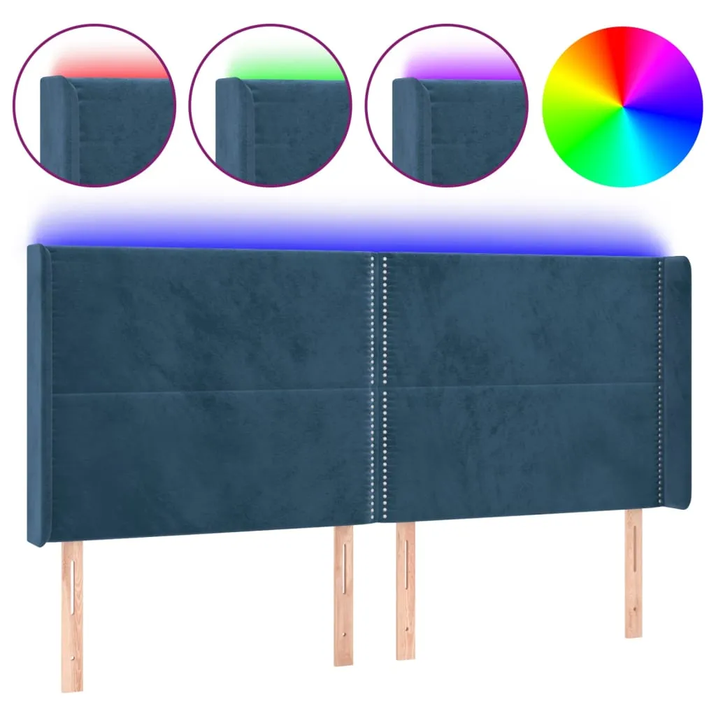 Tăblie de pat cu LED, albastru închis, 163x16x118/128cm catifea - imagine 2