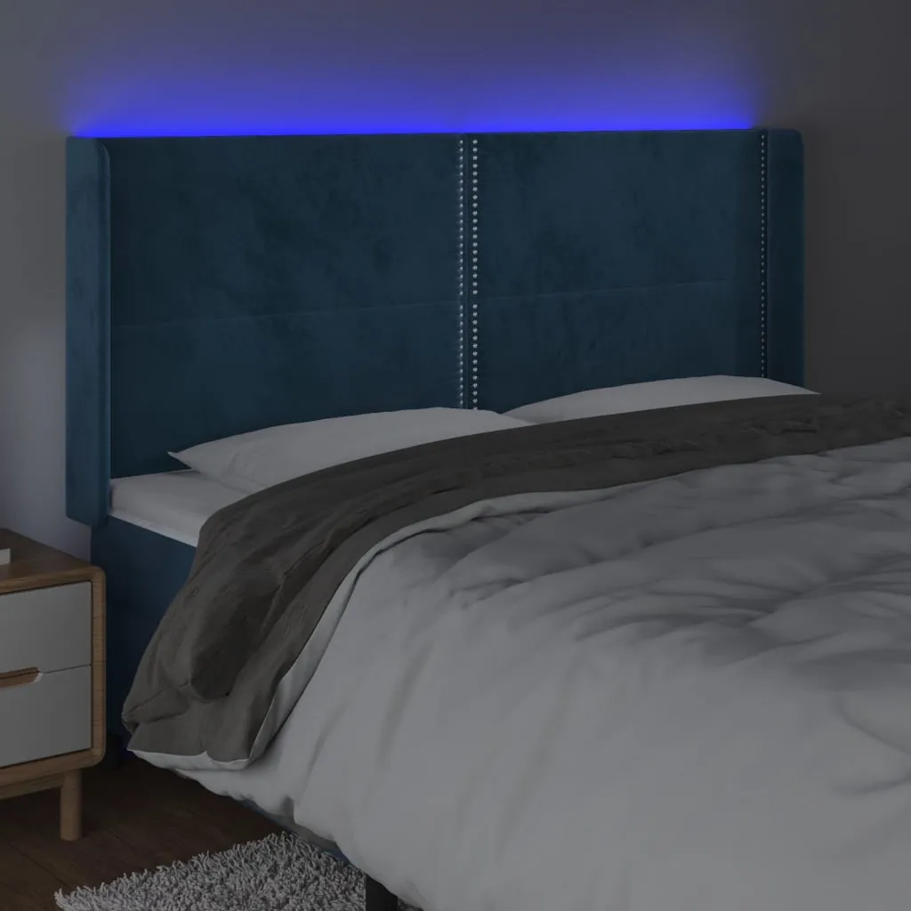 Tăblie de pat cu LED, albastru închis, 163x16x118/128cm catifea - imagine 4