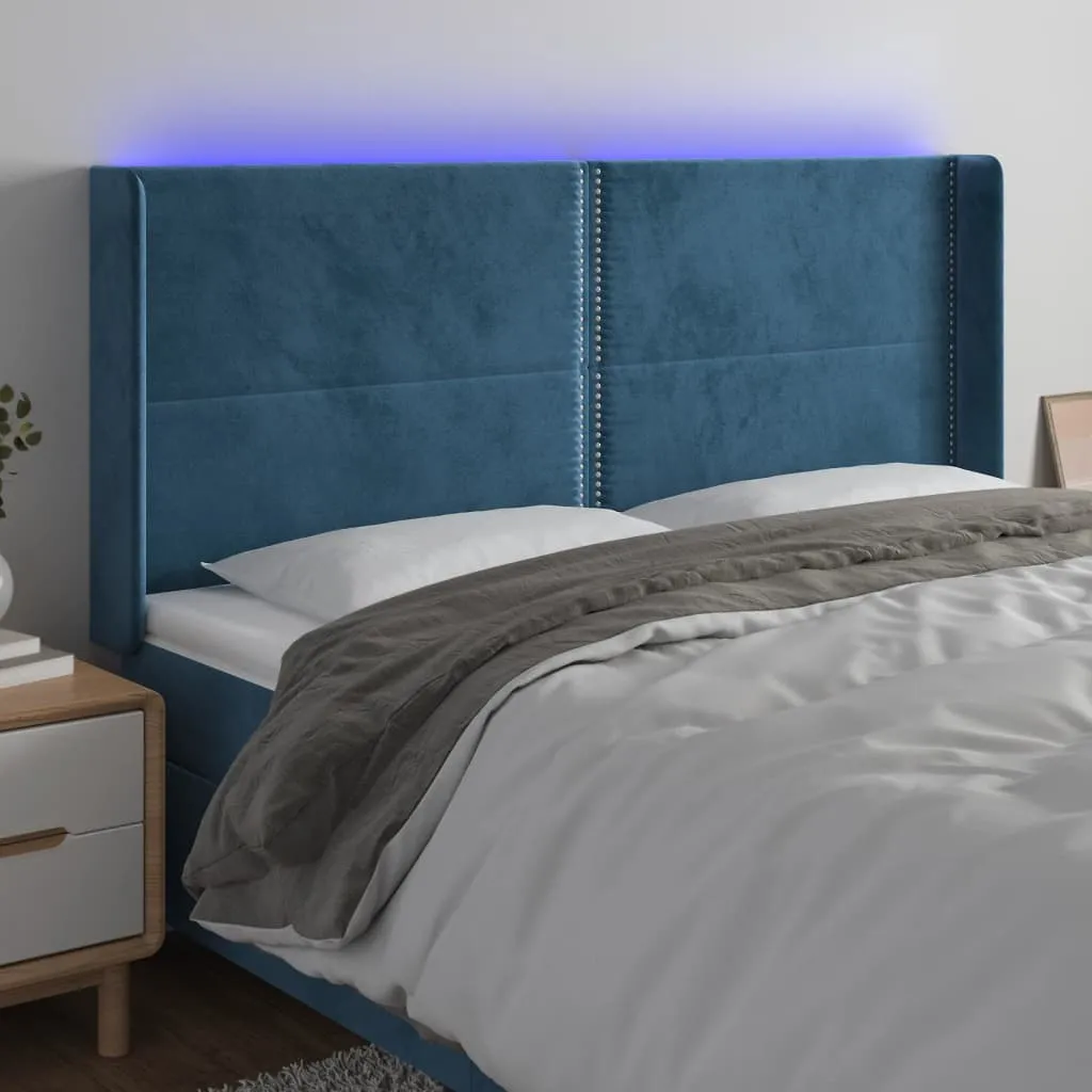 Tăblie de pat cu LED, albastru închis, 163x16x118/128cm catifea