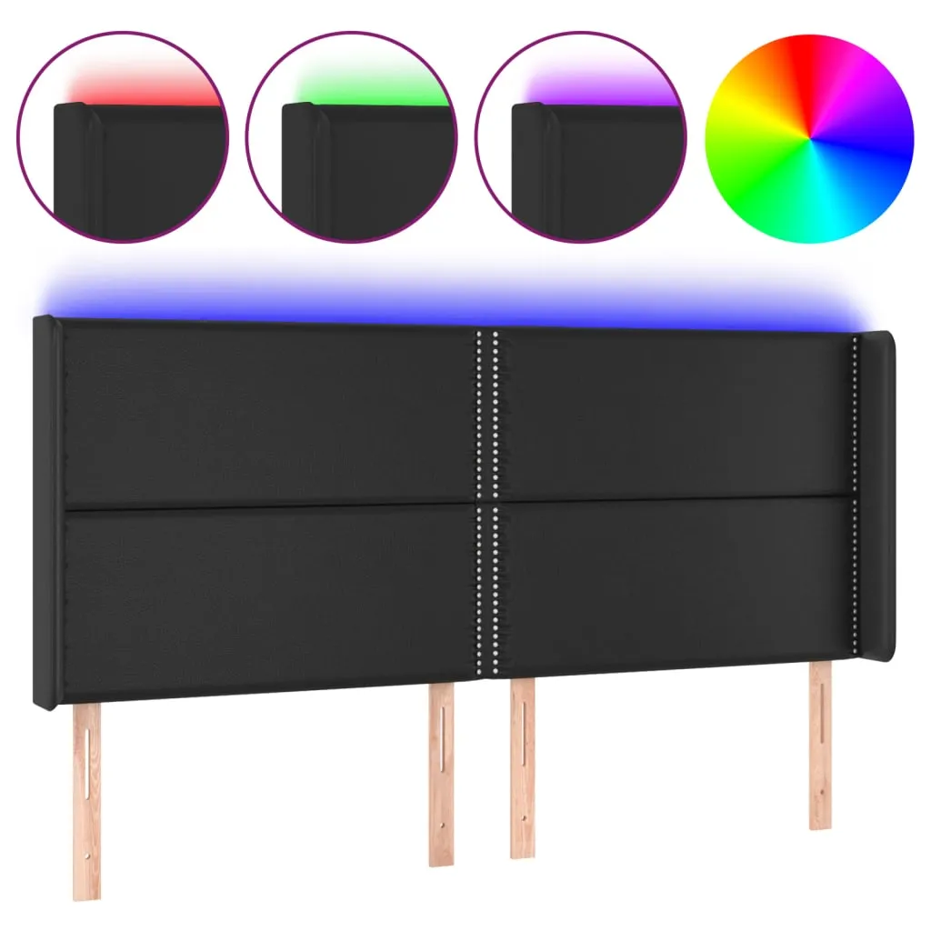 Tăblie de pat cu LED, negru, 183x16x118/128 cm, piele ecologică - imagine 2