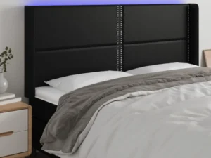 Tăblie de pat cu LED, negru, 183x16x118/128 cm, piele ecologică