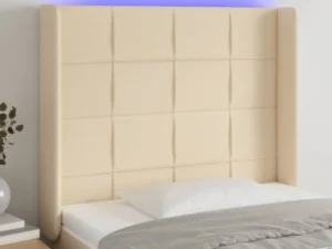 Tăblie de pat cu LED, crem, 83x16x118/128 cm, textil