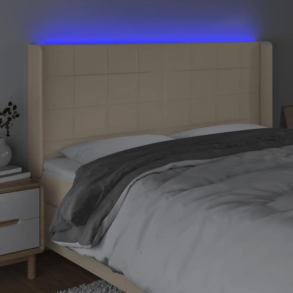 Tăblie de pat cu LED, crem, 163x16x118/128 cm, textil - imagine 4