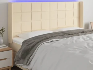 Tăblie de pat cu LED, crem, 163x16x118/128 cm, textil