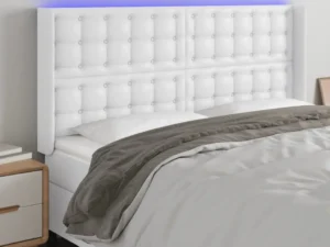 Tăblie de pat cu LED, alb, 203x16x118/128 cm, piele ecologică