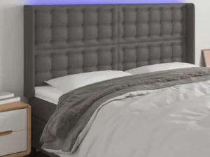 Tăblie de pat cu LED, gri, 203x16x118/128 cm, piele ecologică