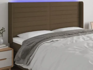 Tăblie de pat cu LED, maro închis, 203x16x118/128 cm, textil