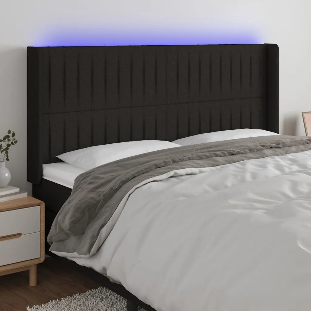 Tăblie de pat cu LED, negru, 183x16x118/128 cm, textil