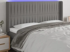 Tăblie de pat cu LED, gri închis, 203x16x118/128 cm, textil