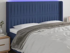 Tăblie de pat cu LED, albastru, 203x16x118/128 cm, textil