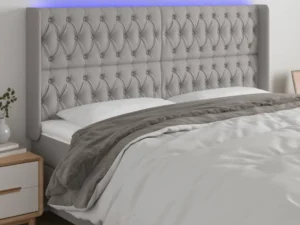 Tăblie de pat cu LED, gri deschis, 203x16x118/128 cm, textil