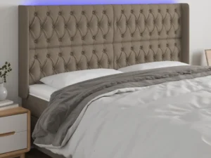 Tăblie de pat cu LED, gri taupe, 203x16x118/128 cm, textil