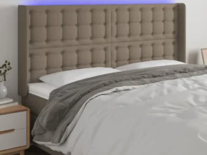 Tăblie de pat cu LED, gri taupe, 203x16x118/128 cm, textil