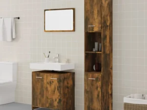 Set mobilier de baie, 3 piese, stejar fumuriu, lemn prelucrat