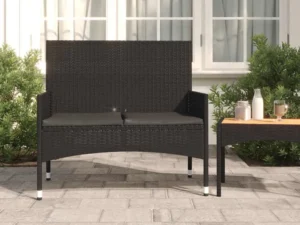 Bancă de grădină cu 2 locuri, cu perne, negru, poliratan