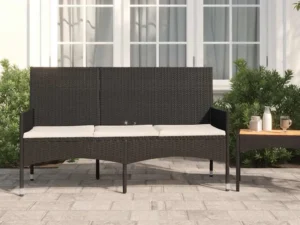 Bancă de grădină cu 3 locuri, cu perne, negru, poliratan