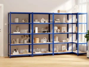 Rafturi de depozitare cu 5 niveluri, 4 buc., albastru oțel/lemn