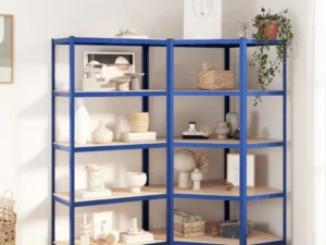 Rafturi de depozitare cu 5 niveluri, 2 buc., albastru oțel/lemn