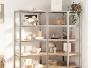 Rafturi de depozitare cu 5 niveluri, 2 buc., oțel argintiu&lemn