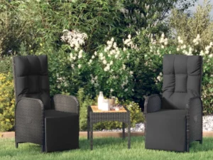 Scaune rabatabile exterior, cu perne, 2 buc., negru, poliratan