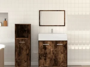 Set mobilier de baie, 3 piese, stejar fumuriu, lemn prelucrat