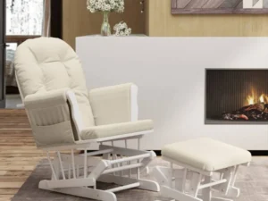 Scaun glisant cu taburet, alb crem, material textil
