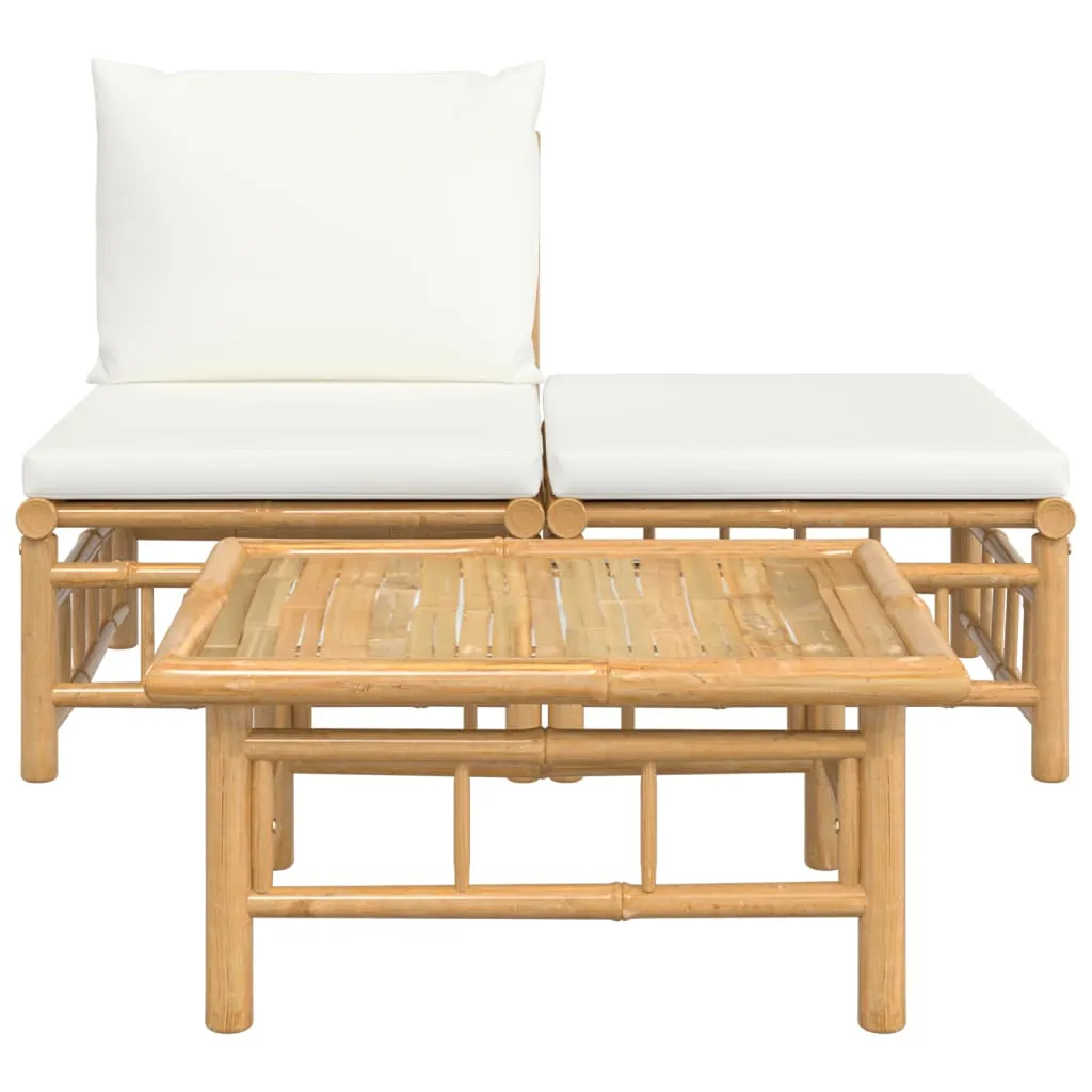 Set mobilier de grădină, cu perne alb crem, 3 piese, bambus - imagine 3