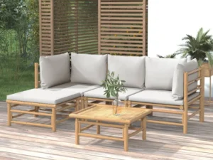 Set mobilier de grădină cu perne gri deschis, 5 piese, bambus