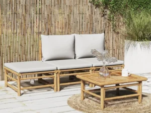 Set mobilier de grădină cu perne gri deschis, 4 piese, bambus