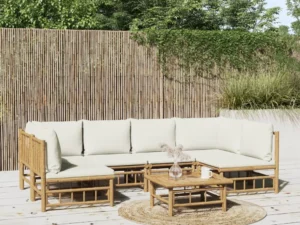 Set mobilier de grădină cu perne alb crem, 7 piese, bambus